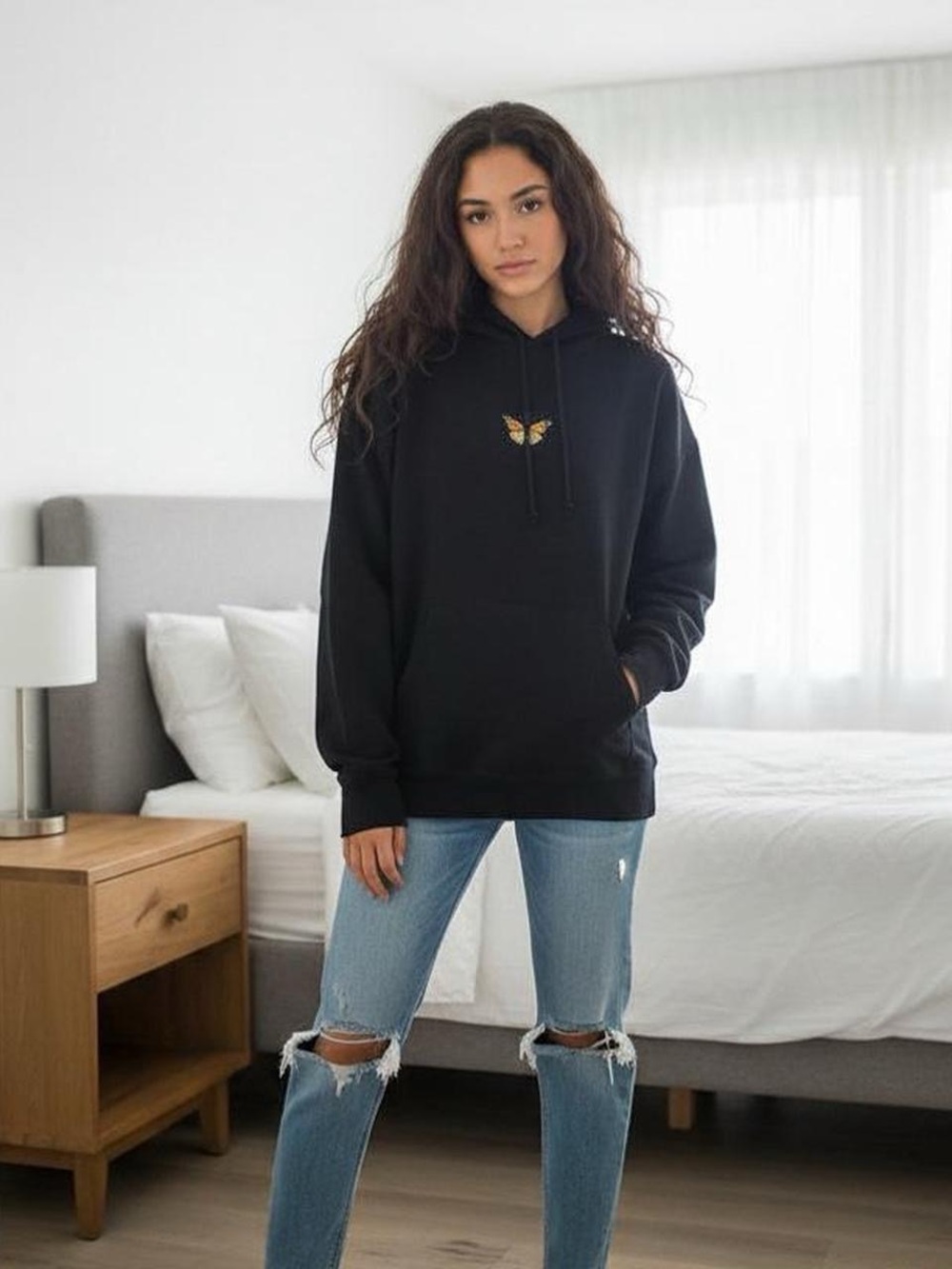 Brandy Melville Black Hoodie with Gold Butterfly Embroidery